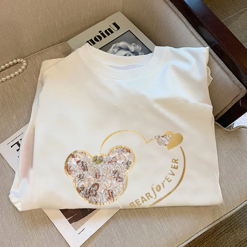 White t-shirt women's short-sleeved summer design feeling niche loose cotton bear love foreign style age-reducing top ins tide - EHAORUI