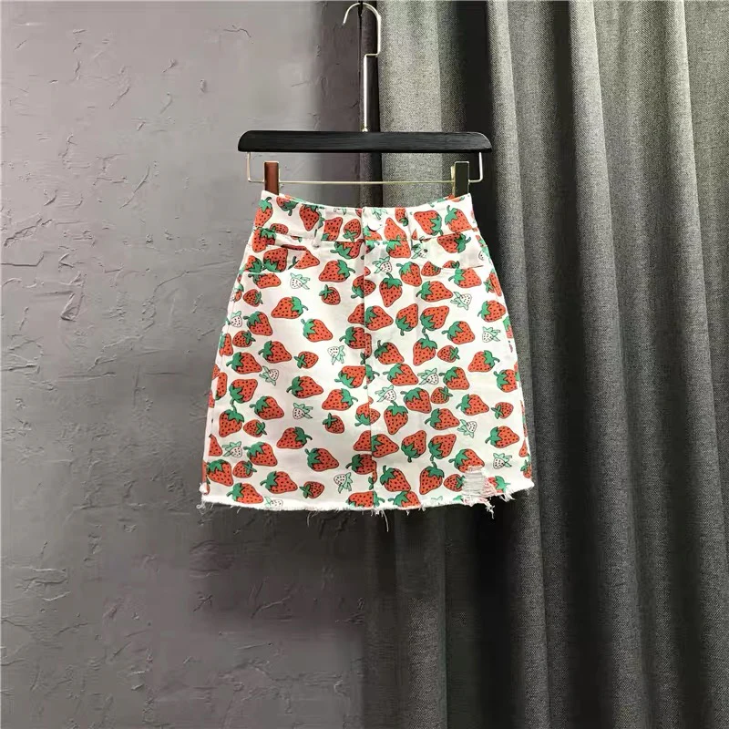 Denim Short Skirt Strawberry Print Skirt 2022 Autumn New Thin High Waist Ins Super Fire Hip A-line Skirt q119 - EHAORUI
