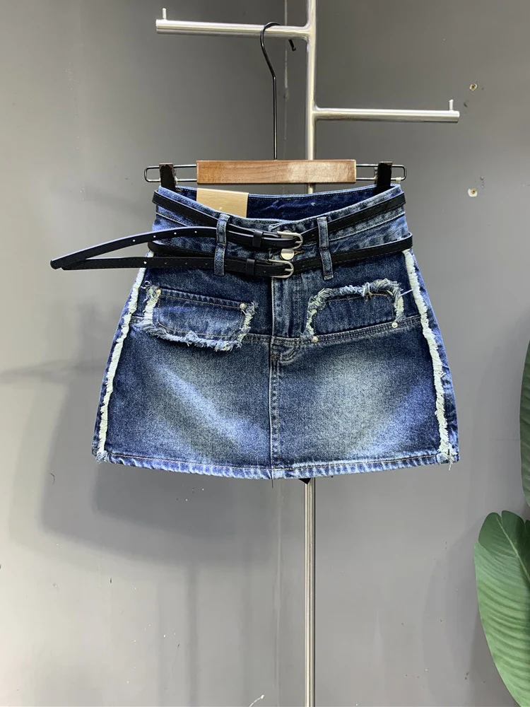 2023 spring new dark blue raw-edged denim a-line skirt small man showing legs long double belt skirt - EHAORUI