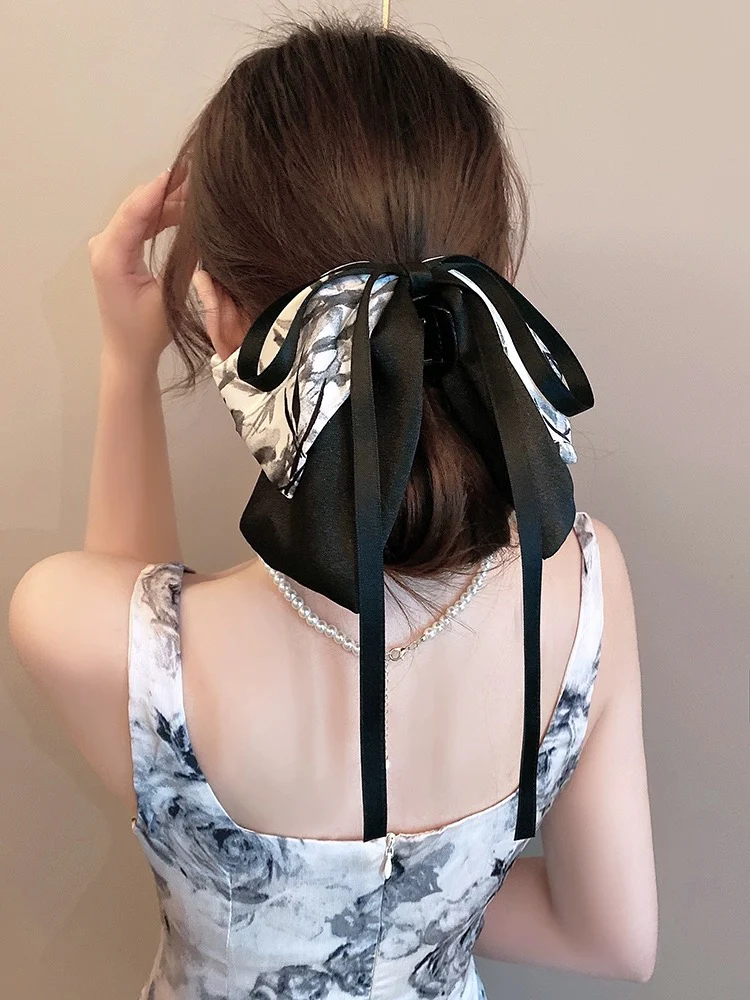 New Chinese style hair accessories ink painting bow ribbon hairpin ancient style half-tied hair back of the head ponytail grabber headdress for women - EHAORUI