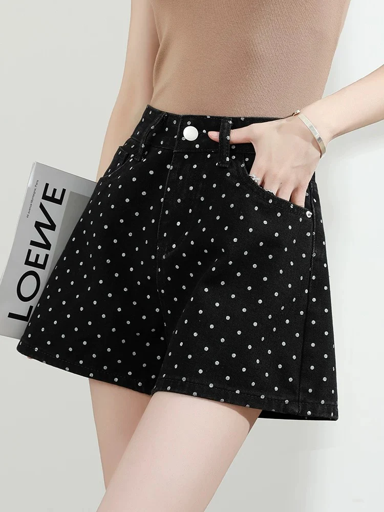 Polka dot denim shorts women summer 2025 new high waist loose wide leg slim blue a hot girl hot pants thin - EHAORUI