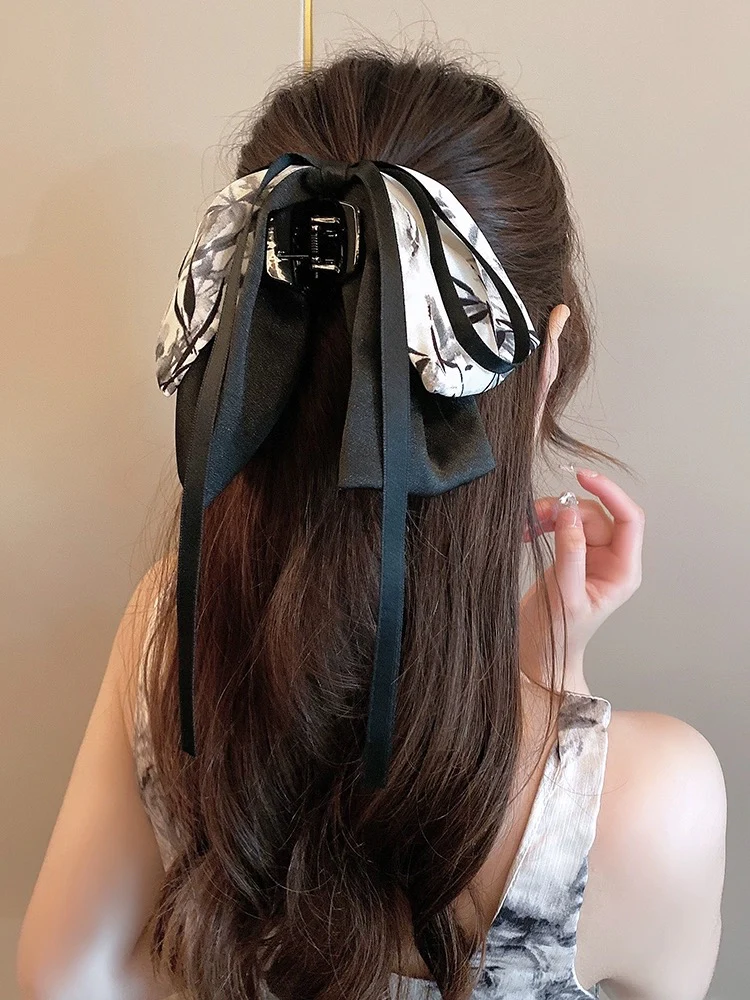 New Chinese style hair accessories ink painting bow ribbon hairpin ancient style half-tied hair back of the head ponytail grabber headdress for women - EHAORUI