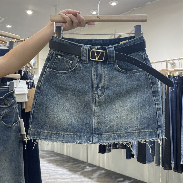 Original tide brand 2023 early spring new retro light blue denim skirt high waist sexy a-line skirt female - EHAORUI
