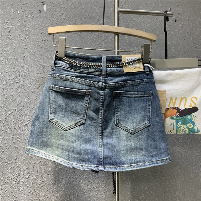 Tide brand 2023 spring new retro nostalgic blue denim bag hip skirt sexy high waist elastic a-line skirt - EHAORUI