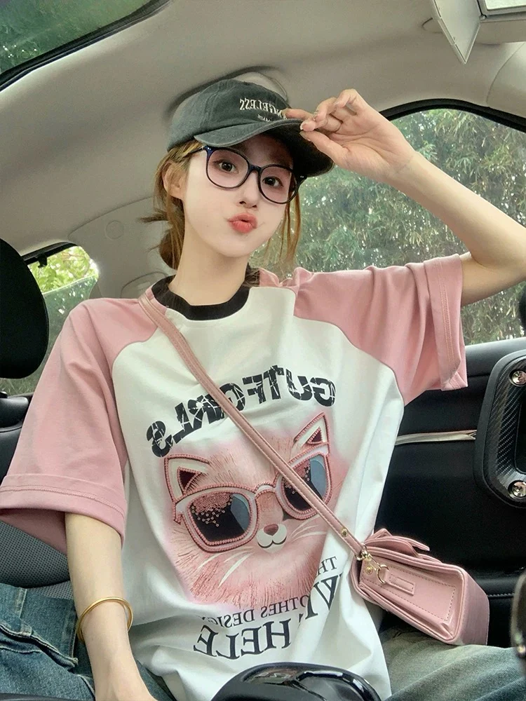 Pink raglan short-sleeved T-shirt for women in summer American loose sequined cat heavy print European goods large version top trend - EHAORUI