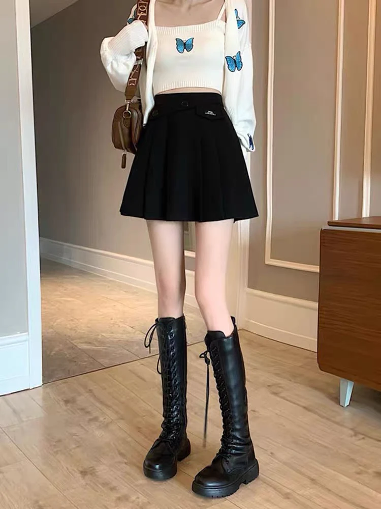 Irregular a-line skirt women's autumn and winter new black small suit skirt high waist slim pleated short skirt - EHAORUI