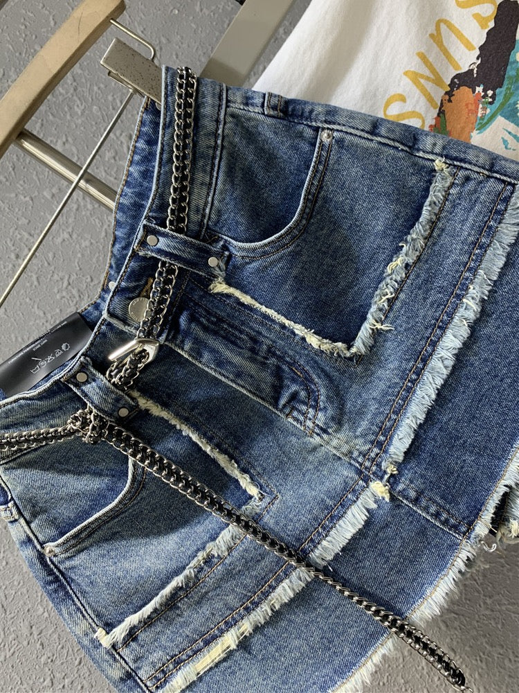 Original trendy brand 2023 spring new raw edge retro hot girl blue denim skirt small a-line half skirt - EHAORUI