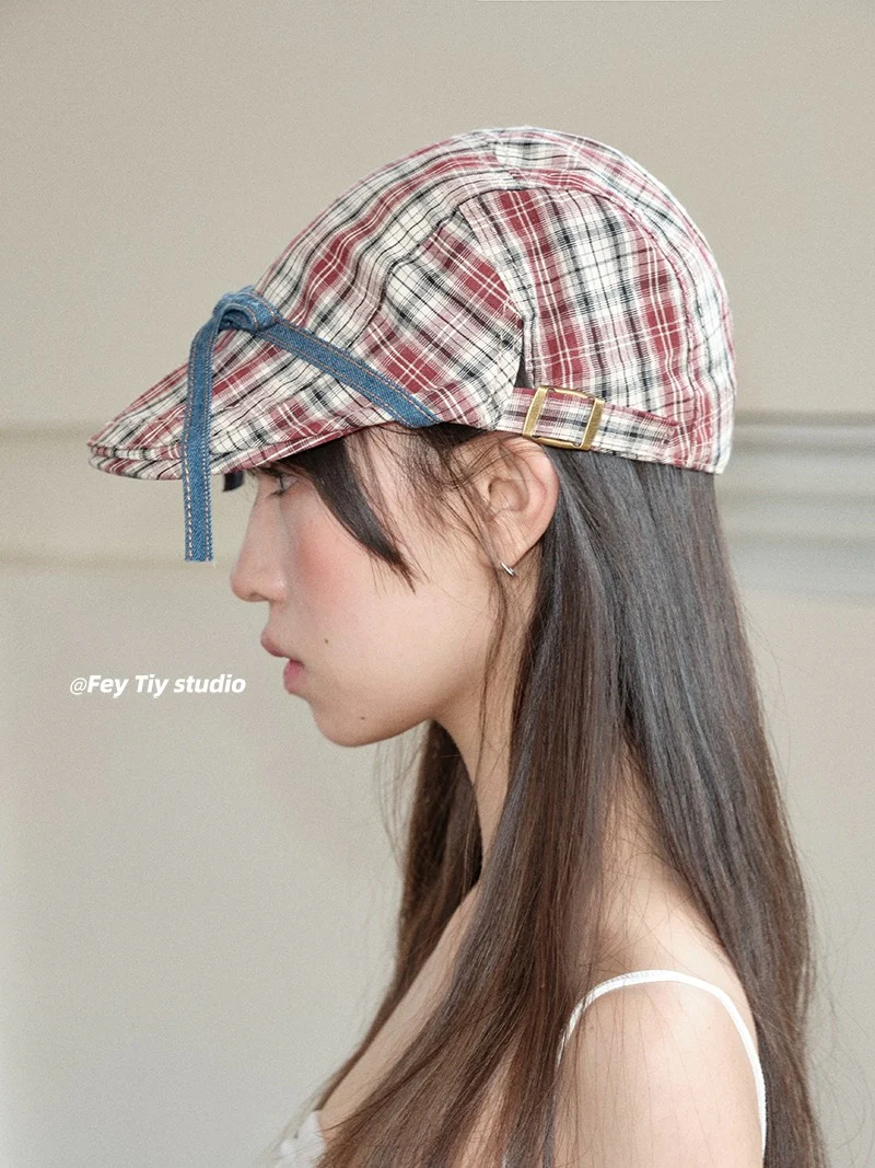feytiy American sweetheart plaid forward hat strap bow personalized peaked cap subculture cool spring and summer - EHAORUI
