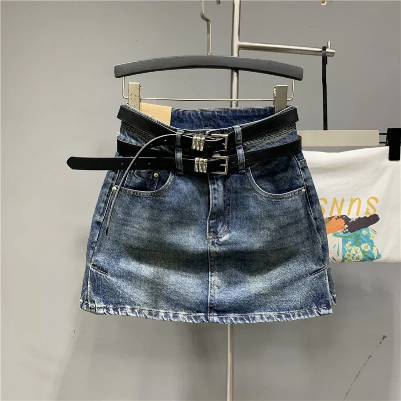 Internet celebrity trend with the same paragraph 2023 early spring new retro hot girl blue double waist denim skirt sexy skirt - EHAORUI
