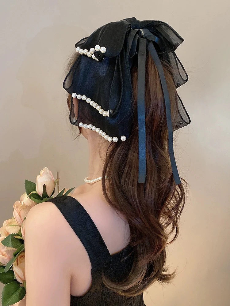 Pearl streamer bow clip clip women's back of head shark clip hairpin clip headwear half-tied high ponytail hairpin - EHAORUI