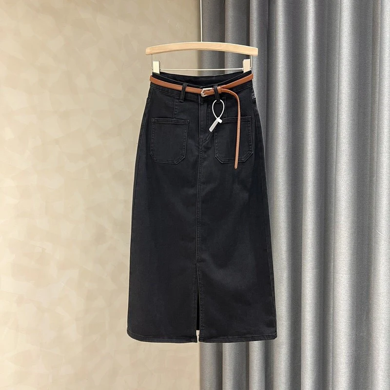 Dark washed denim skirt women's autumn new solid color all-match front slit high waist a-line bag hip long skirt - EHAORUI