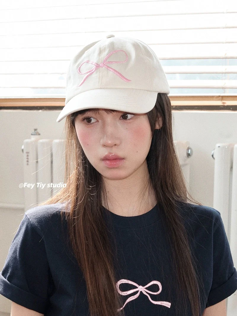 feytiy denim fashionable casual embroidered bow baseball cap for women spring and summer versatile peaked cap curved brim dome - EHAORUI