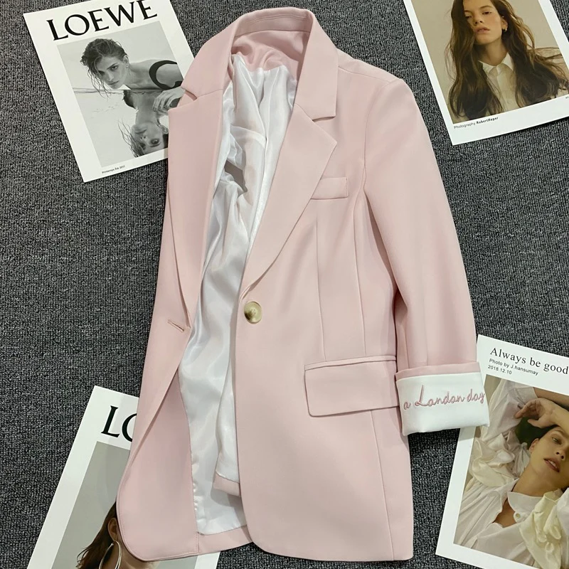 Pale pink embroidered suit jacket women's 2023 spring and autumn new Korean style fashion one button small man trend suit - EHAORUI