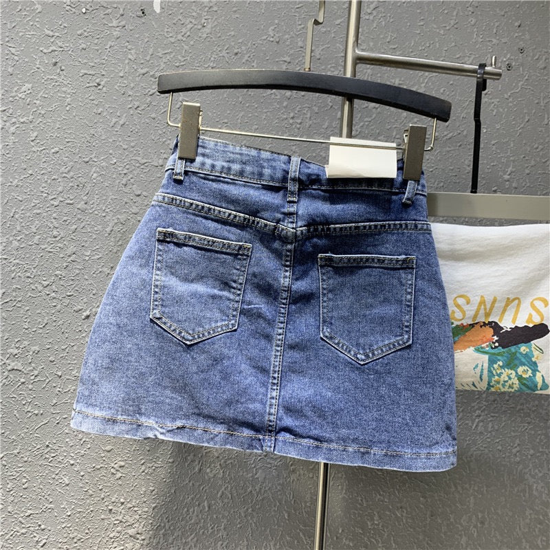 Original European goods 2023 spring new hot girl blue elastic denim bag hip skirt high waist small a-line skirt - EHAORUI