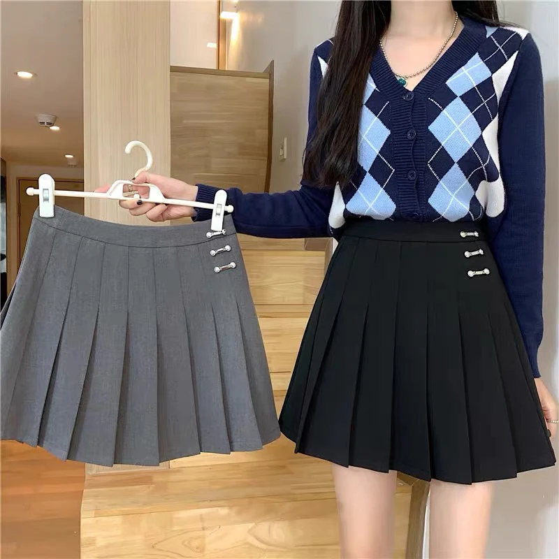 Autumn skirt large size college style black gray pleated skirt high waist slim pleated a-line skirt fat mm all-match skirt - EHAORUI
