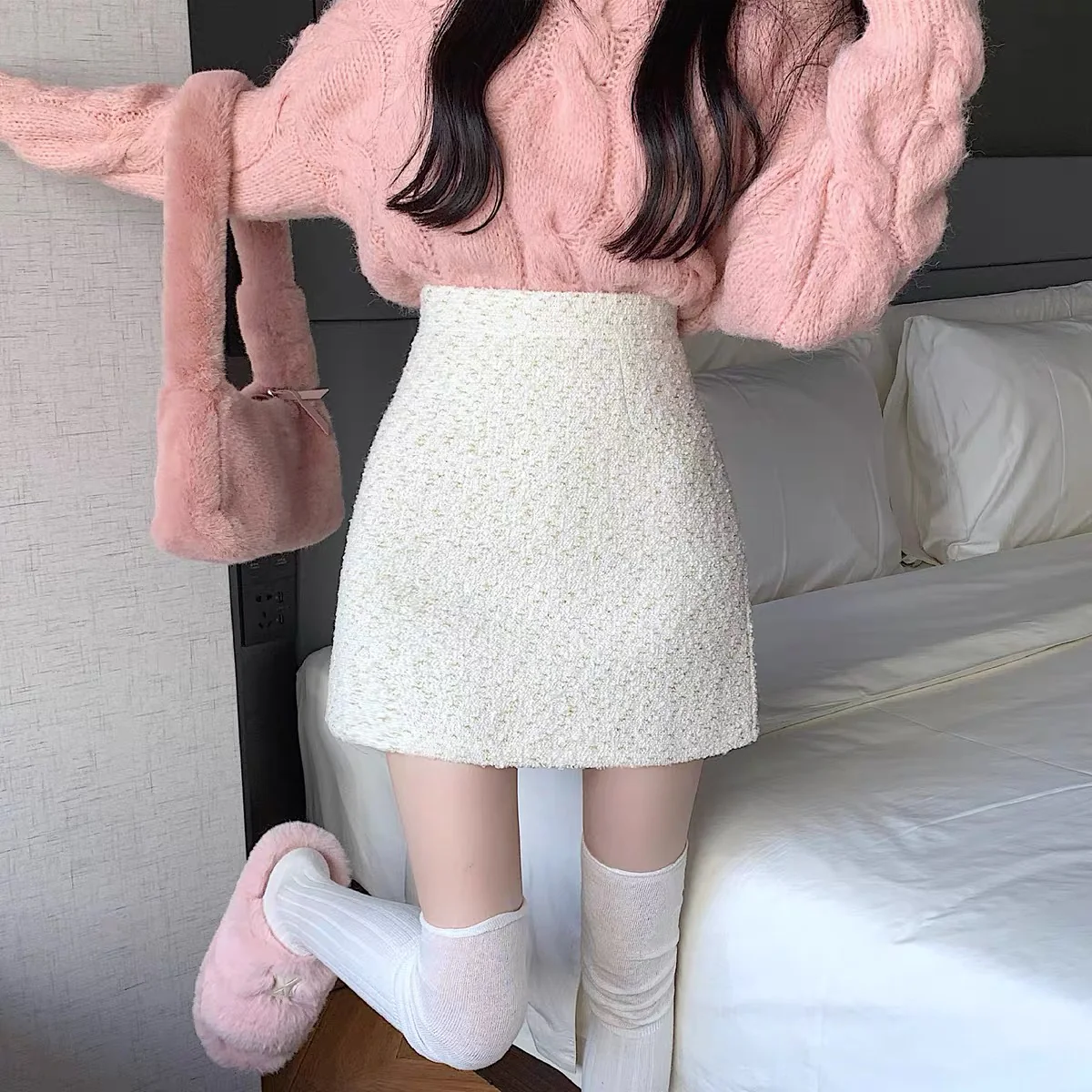 Autumn and winter with sweater skirt femininity celebrity small fragrance bag hip skirt small high waist a-line short skirt - EHAORUI
