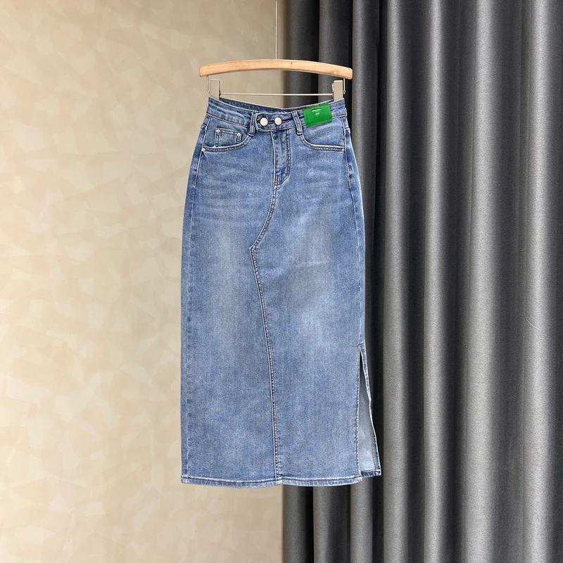 Dark blue denim half-length skirt women's summer new solid color all-match side slit high waist a-line bag hip one-step skirt - EHAORUI