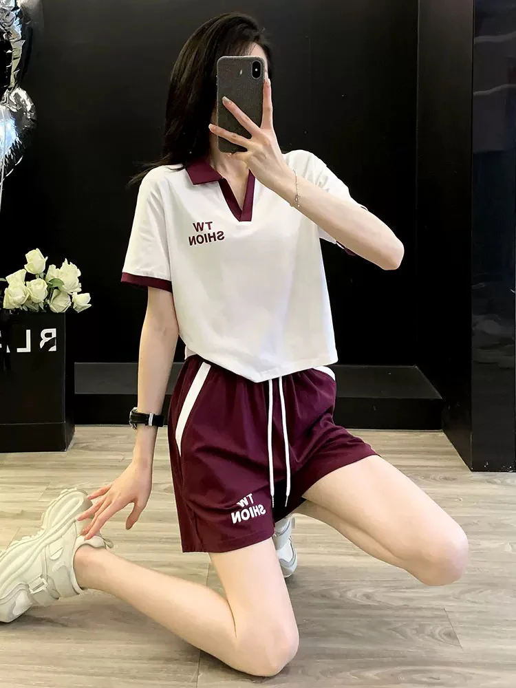 Western style fashion sports suit women summer 2025 Korean version V-neck short-sleeved shorts two-piece suit casual ins trend running - EHAORUI