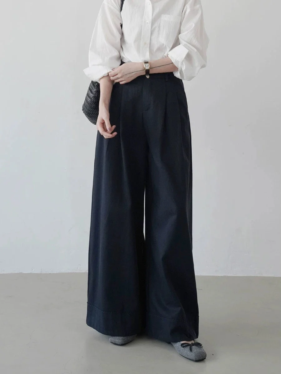 2025 early autumn new high waist straight pants women's loose slim casual wide leg long pants design sense ladies simple - EHAORUI