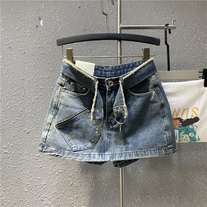 Original 2023 spring new retro light blue denim a-line skirt sexy zipper pocket petite skirt - EHAORUI