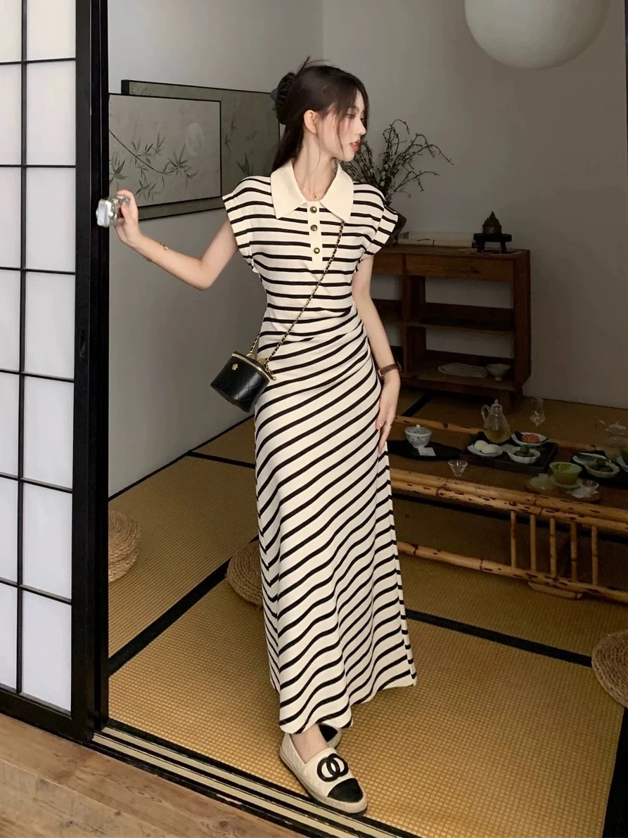 French high-end temperament polo collar striped knitted dress 2024 summer slim slim long skirt for women - EHAORUI