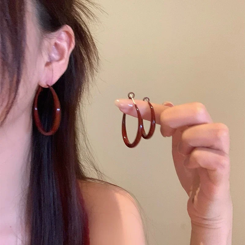 Retro Hong Kong style Anhong oil drop earrings circle plain hoop earrings female high-grade earrings female temperament ear buckle earrings - EHAORUI
