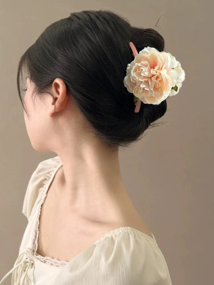 Pink cherry blossoms! Pink peony flower clips! Temperament sweet flower shark clips back of the head hairpins for women - EHAORUI