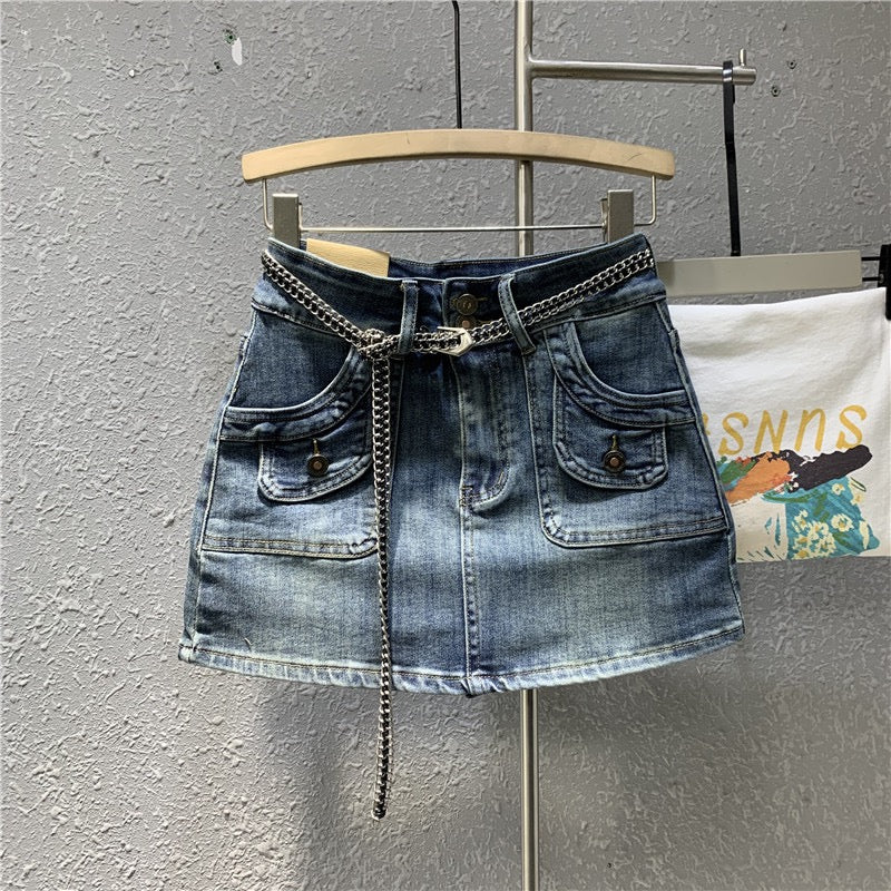 Tide brand 2023 spring new retro nostalgic blue denim bag hip skirt sexy high waist elastic a-line skirt - EHAORUI