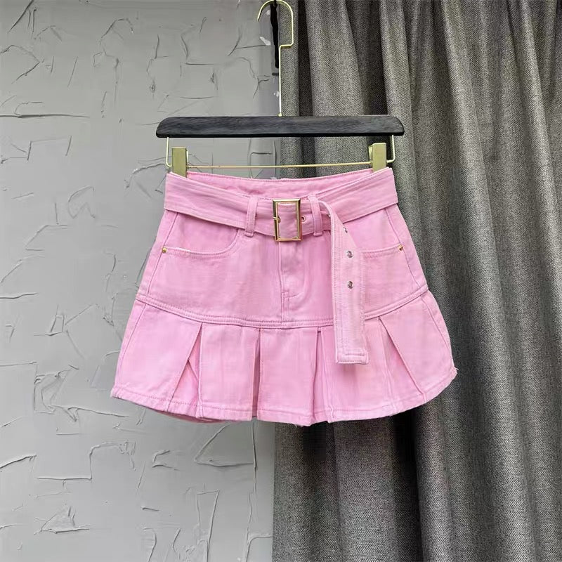Sweet pink denim short skirt women's pleated skirt autumn 2022 new fashion high waist A-line skirt Korean version q123 - EHAORUI