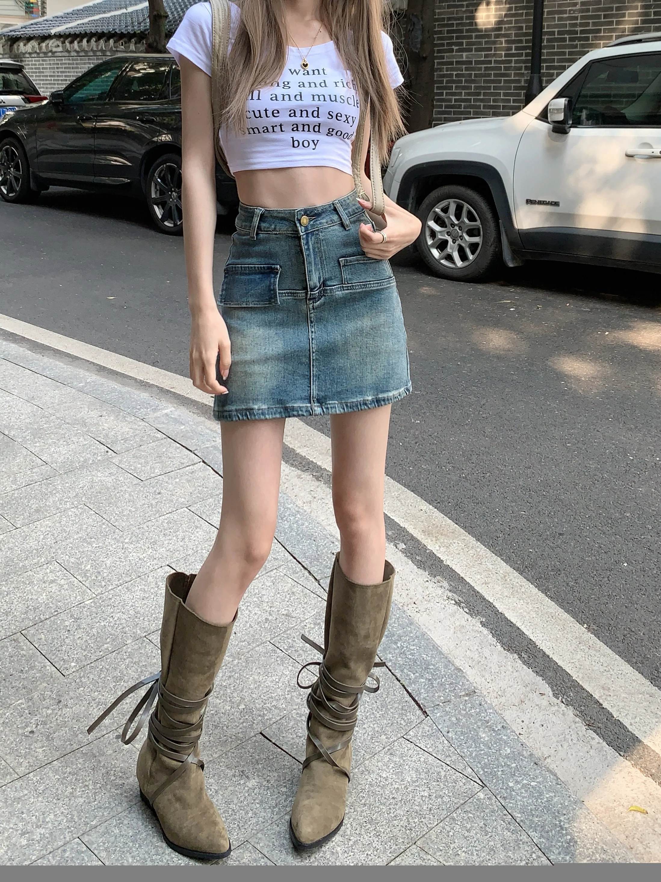 Spice Girl Retro Denim Skirt Women's Spring Elastic A-line Skirt Design Sense Skirt High Waist Bag Hip Skirt - EHAORUI