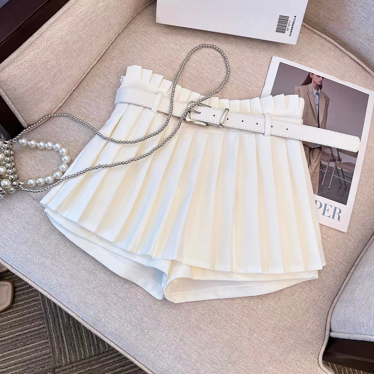 Slim high waist slim pleated shorts skirt women's summer white jk skirt 2023 new women's group A-line skirt - EHAORUI
