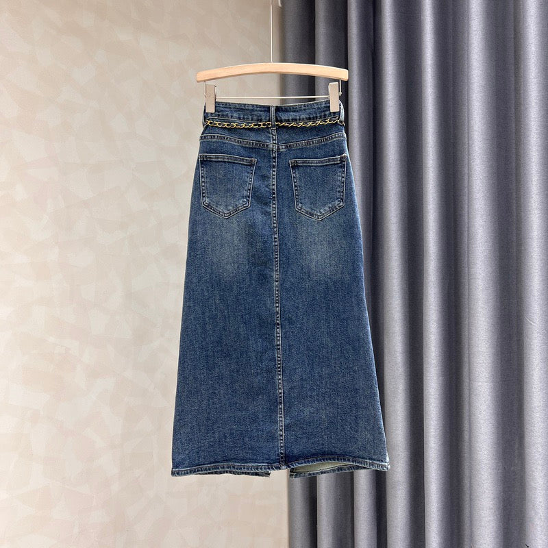 High waist denim skirt women's 2022 autumn new temperament thin ripped hole slit elastic a-line bag hip long skirt - EHAORUI