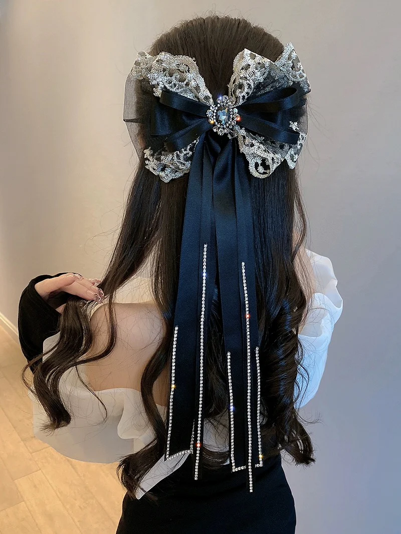 South Korea's Dongdaemun Flash Diamond Tassel Bow Hairpin Women's Back Spring Clip Hair Accessories 2023 New Hair Accessories - EHAORUI