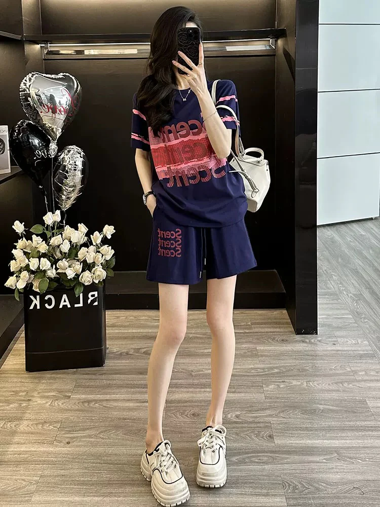 Printed short-sleeved sports suit for women in summer 2025 casual fashion shorts two-piece suit loose trendy age-reducing running and slimming - EHAORUI