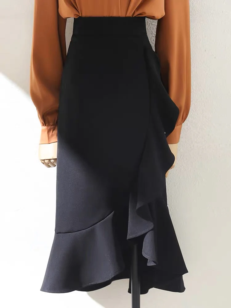 Irregular high waist and thin autumn fragrance yellow lotus leaf side wrap hip skirt women's 2023 spring and summer new mid-length skirt - EHAORUI