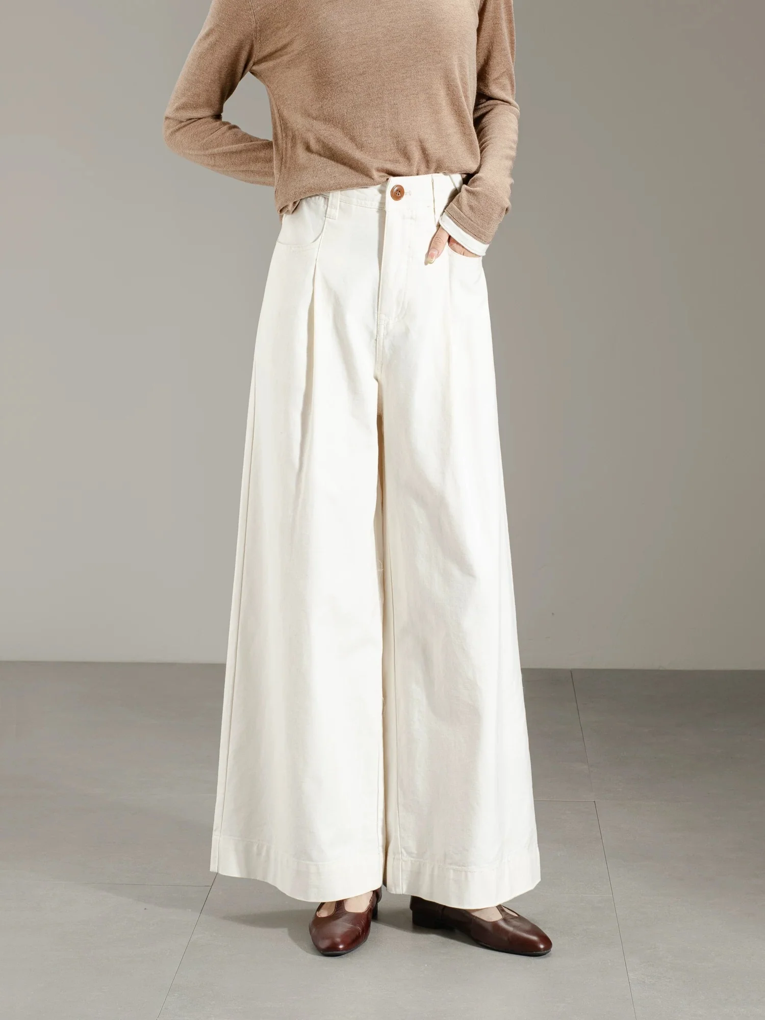 Korean retro simple apricot wide-leg pants casual pants women's spring and autumn high waist loose straight pants petite trousers - EHAORUI