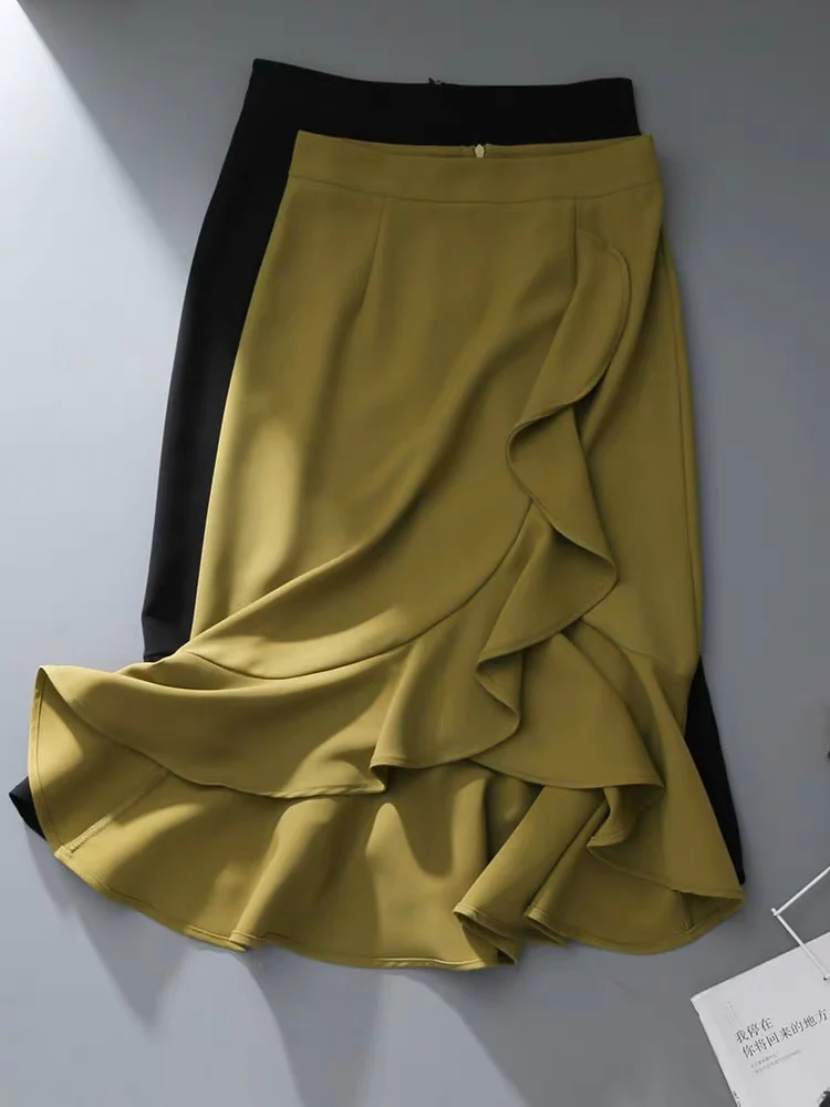 Irregular high waist and thin autumn fragrance yellow lotus leaf side wrap hip skirt women's 2023 spring and summer new mid-length skirt - EHAORUI