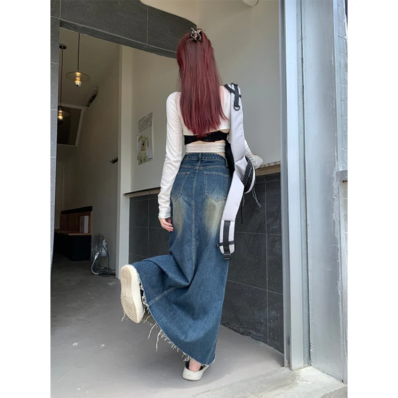 Korean version of high waist retro denim skirt women's spring a-line umbrella skirt straight skirt design sense mid-length skirt - EHAORUI