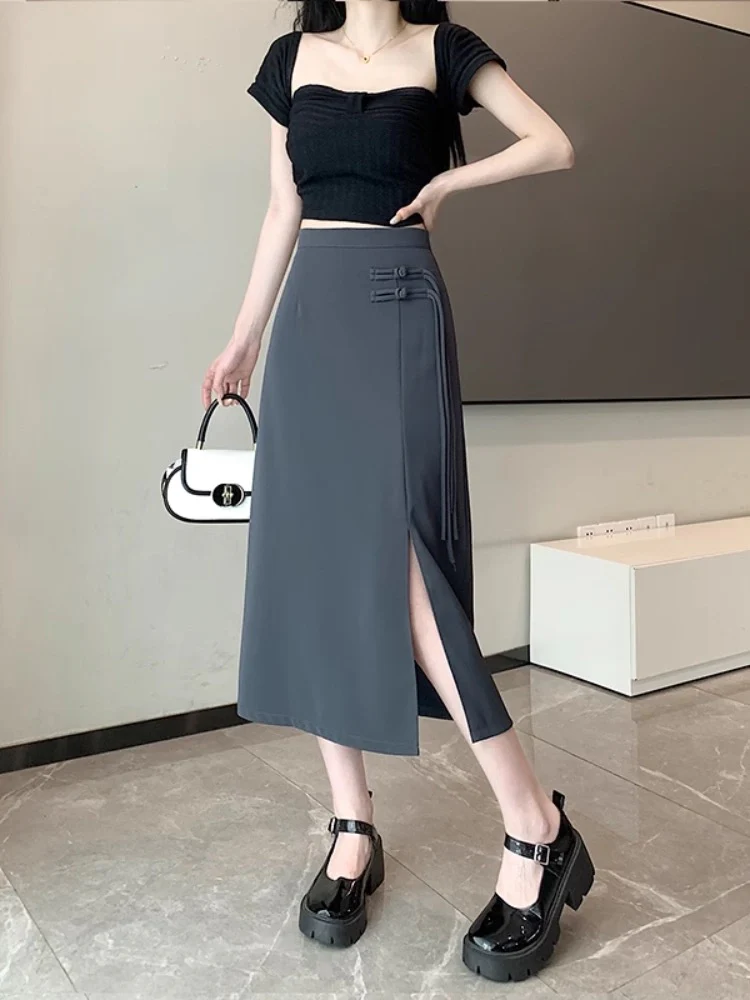 New Chinese-style slit skirt for women spring and summer 2024 new high-waist slim A-line hip-hugging Chinese-style mid-length skirt - EHAORUI
