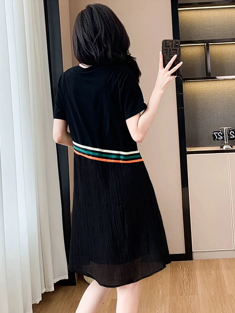 2024 new summer Korean style fashionable loose slim casual dress spliced with contrasting chiffon little black skirt - EHAORUI