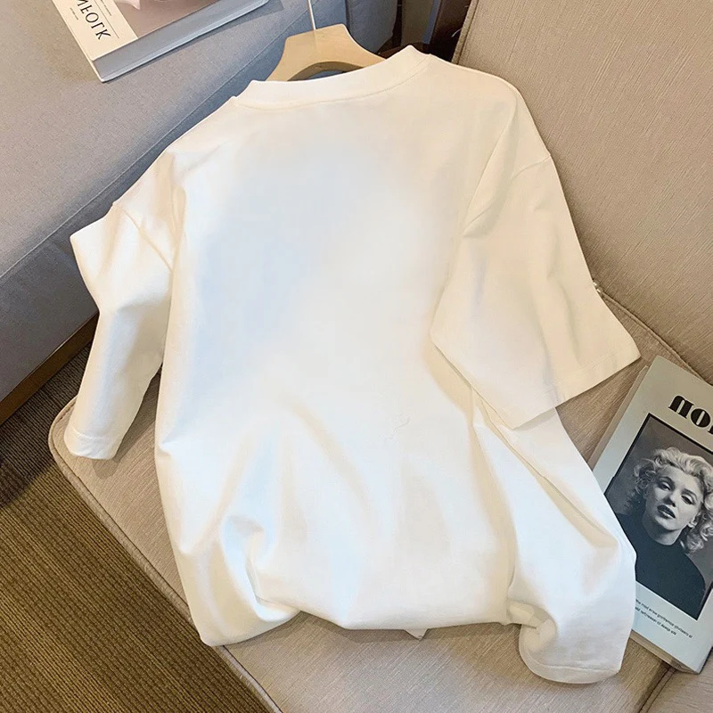 White t-shirt women's short-sleeved summer design feeling niche loose cotton bear love foreign style age-reducing top ins tide - EHAORUI