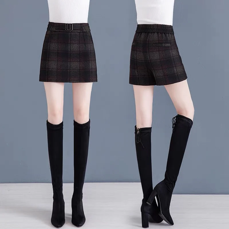 Plaid woolen wide-leg shorts and skirts women's 2022 new autumn high waist and thin outerwear casual boots and pants for winter - EHAORUI