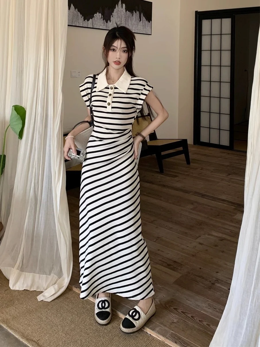 French high-end temperament polo collar striped knitted dress 2024 summer slim slim long skirt for women - EHAORUI