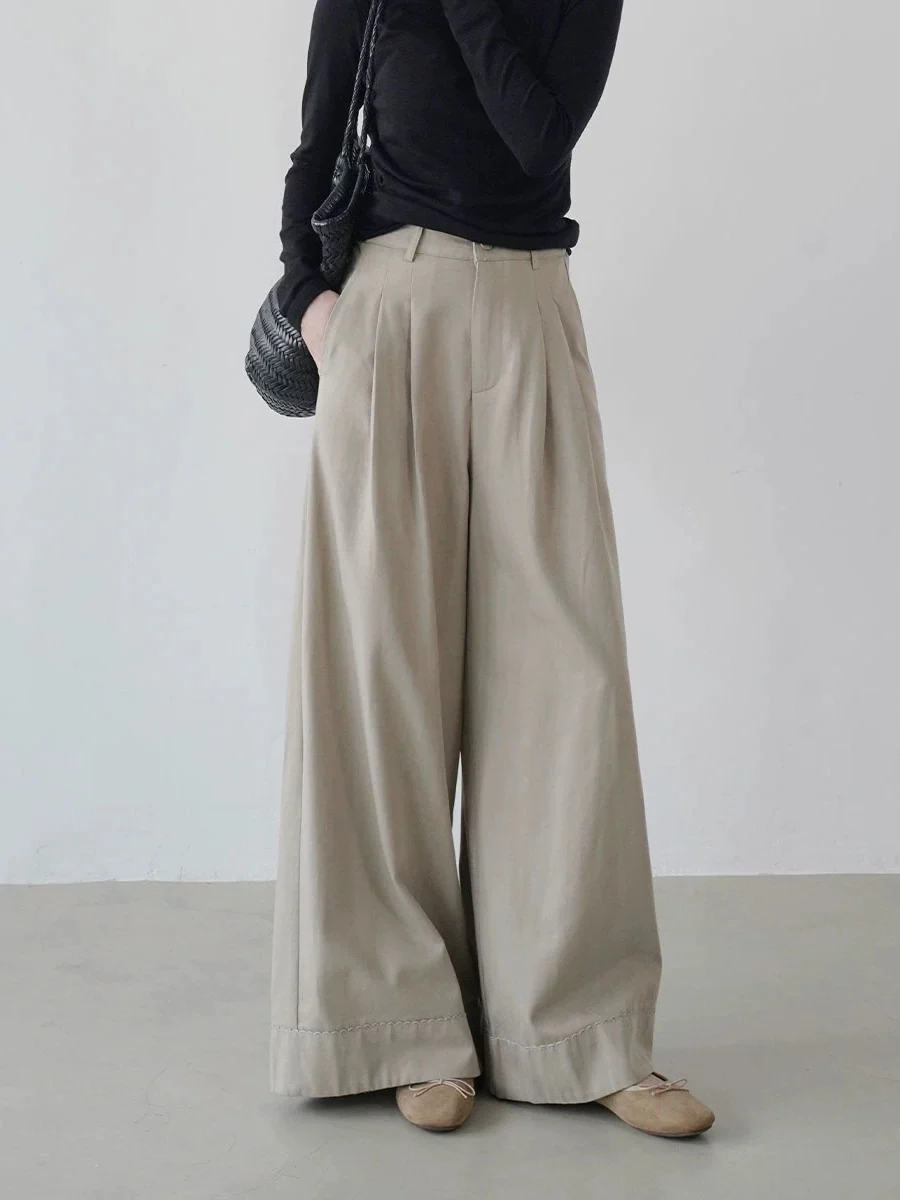 2025 early autumn new high waist straight pants women's loose slim casual wide leg long pants design sense ladies simple - EHAORUI