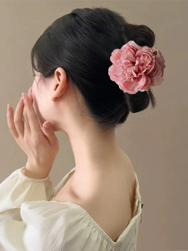 Pink cherry blossoms! Pink peony flower clips! Temperament sweet flower shark clips back of the head hairpins for women - EHAORUI