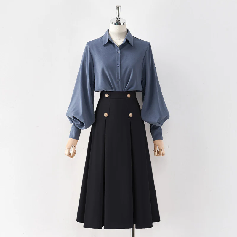 Black skirt women 2022 autumn and winter new high waist mid-length a-line skirt pleated umbrella skirt spring and autumn Hepburn - EHAORUI