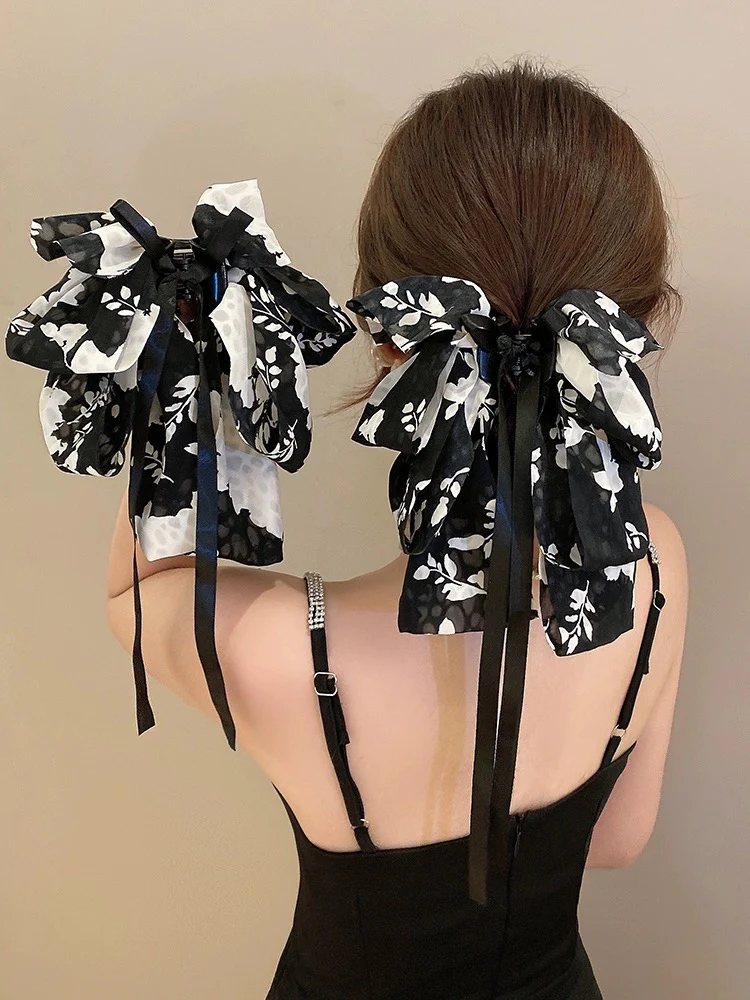 Retro Printed Bow Clip Women's High-Level Elegant Ribbon Hairpin Back of Head 2023 New Korean Style Hair Accessories - EHAORUI