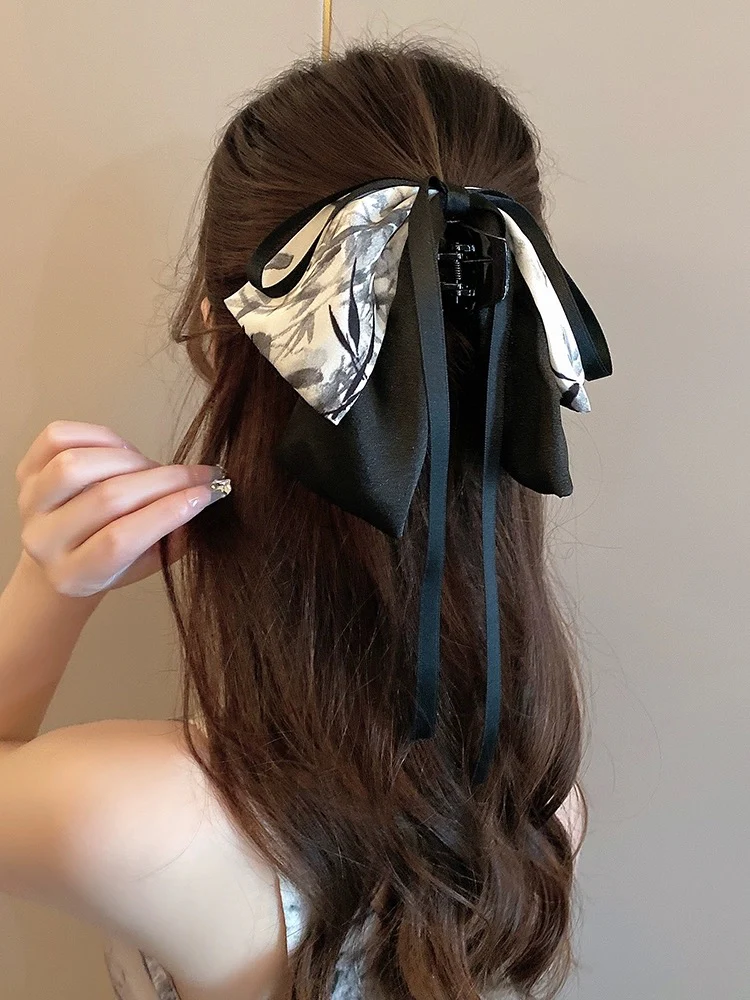 New Chinese style hair accessories ink painting bow ribbon hairpin ancient style half-tied hair back of the head ponytail grabber headdress for women - EHAORUI