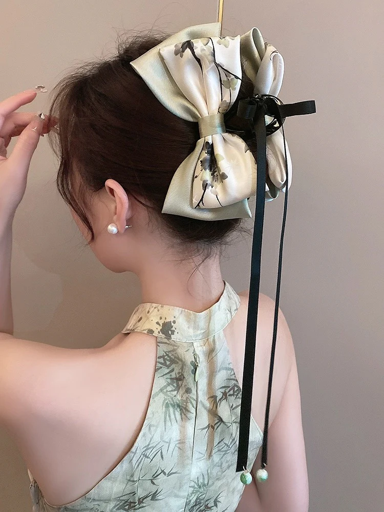 New Chinese style bow ribbon grabber for women's back of head large hairpin shark clip hairpin ancient style Hanfu hair accessory - EHAORUI