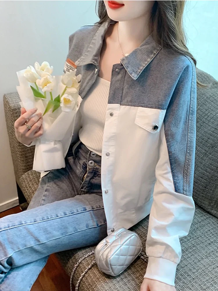 Stitched contrasting denim jacket for women early spring 2024 spring new style thick loose outer cardigan short top - EHAORUI